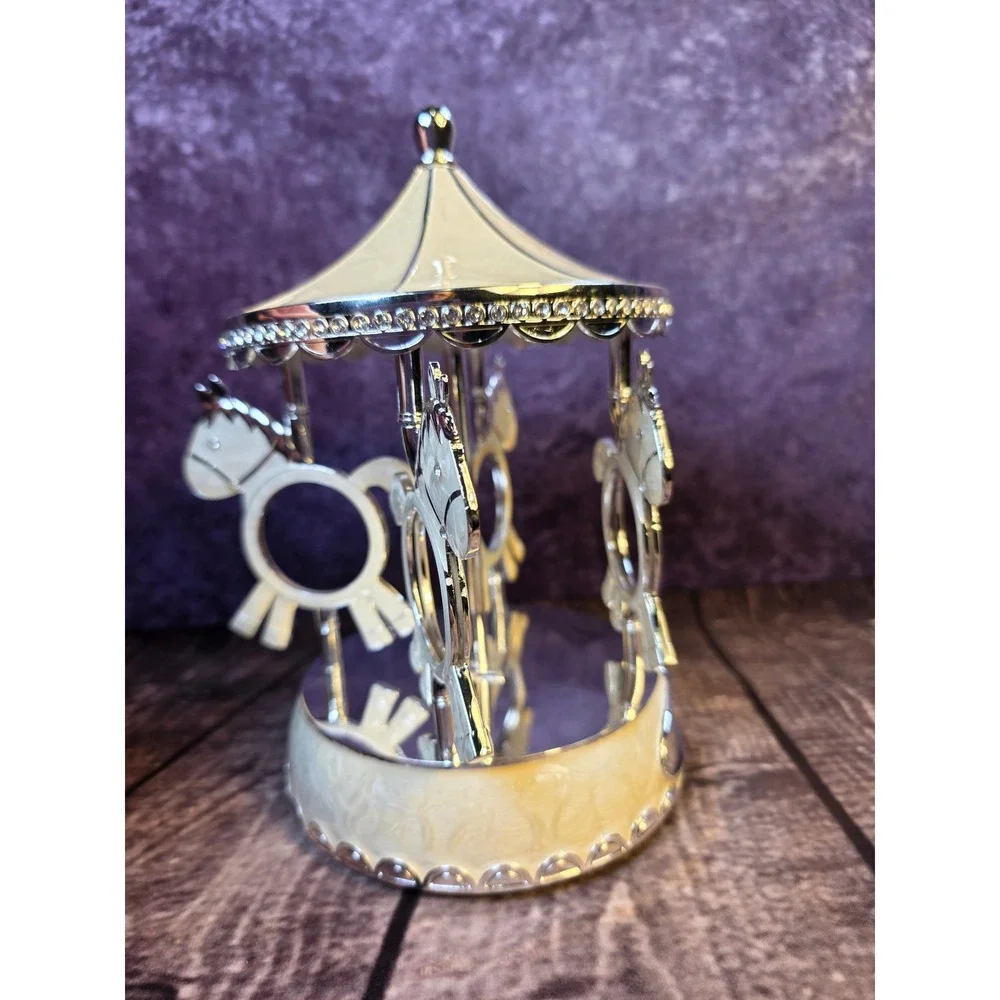 TR Carousel Horse Rotating Multi Photo Frame Silver Cream Enamel Nursery Decor